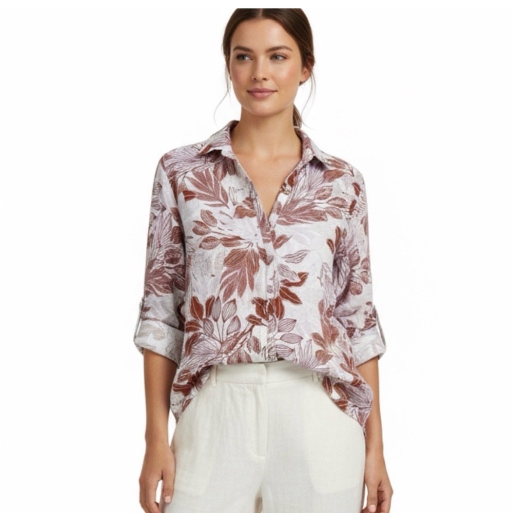 NWT Tahari Linen Button Up Long Line Tunic Shirt Medium